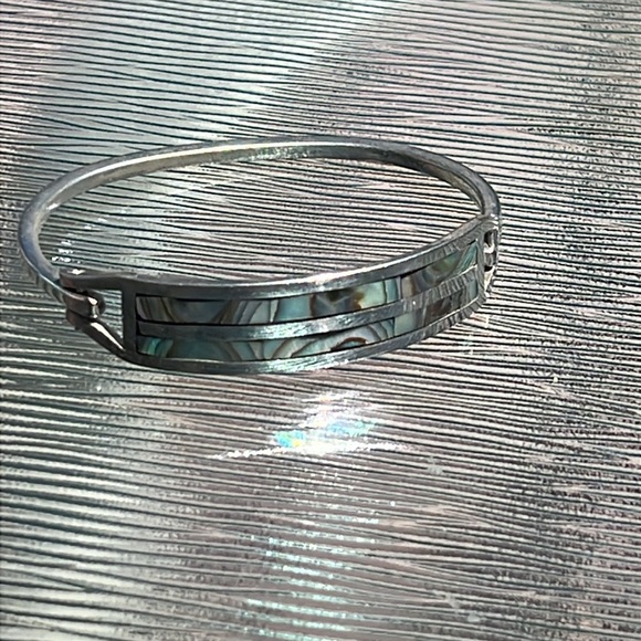 Vintage Alpaca Mexico Abalone Inlay Cuff Bracelet – Hinged Bangle - Picture 4 of 4